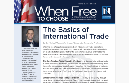 A magazine page titled "The Basics of International Trade" features a photo of Dr. Michael Makovi, article text, a university logo, and an American flag in the top left corner.